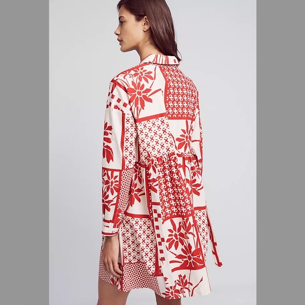 Maeve Anthropologie Red Patchwork Empire 100% cotton Waist Shirt Dress S small - Picture 10 of 10